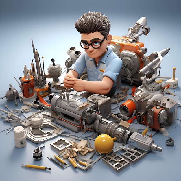 Photo 3d illustration of a cartoon character construction worker with a set of tools