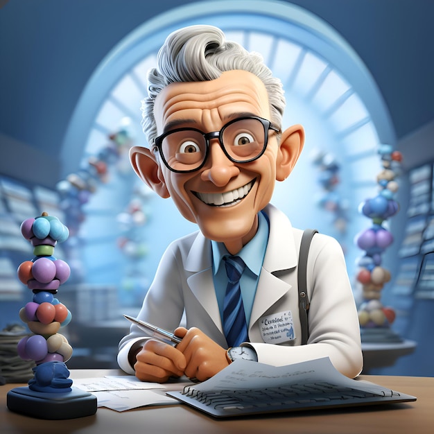만화 캐릭터 의사 과학자 또는 교수의 3D 그림