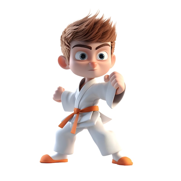 3D Illustration of a cartoon character doing karate exercises with a white background