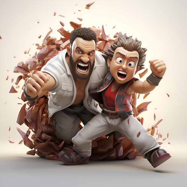 Foto illustrazione 3d di un personaggio dei cartoni animati in una lotta tra due guerrieri