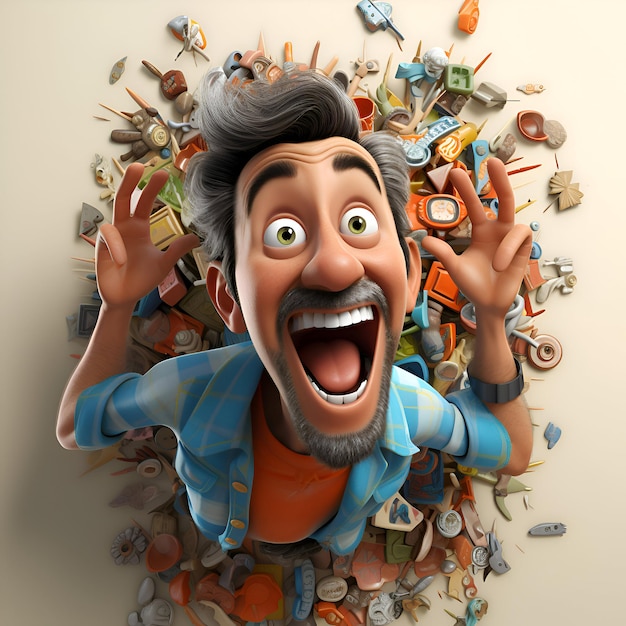 3D illustration of a cartoon character in a pile of old school items