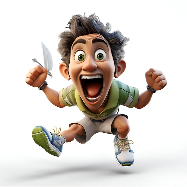 3D illustration of a cartoon character running with a knife in his hand