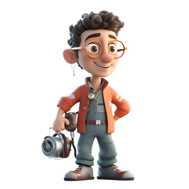 3D-иллюстрация персонажа мультфильма в сафари с камерой