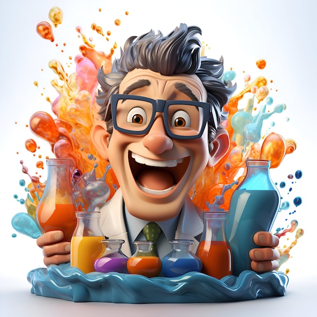다채로운 액체 스플래시를 가진 만화 캐릭터 과학자의 3D 일러스트레이션