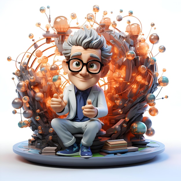 3D illustration of a cartoon character sitting in front of a giant sphere