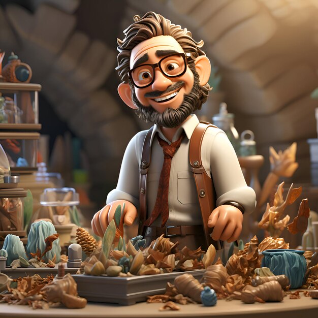 3D illustration of a cartoon character sitting in a pottery workshop