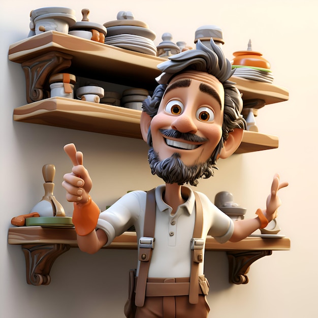 3D illustration of a cartoon character with apron and suspenders