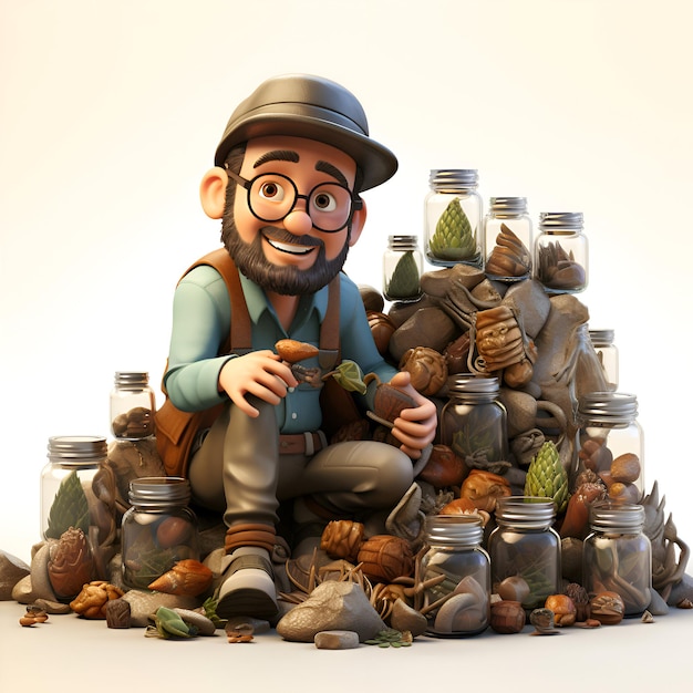 3D illustration of a cartoon character with a backpack sitting on a pile of nuts