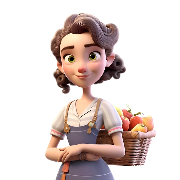 3D Illustration of a cartoon character with a basket of vegetables