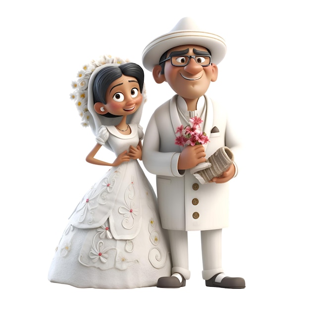 3D Illustration of a cartoon character with a bride and groom