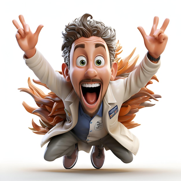 3D illustration of a cartoon character with an expression of surprise and joy