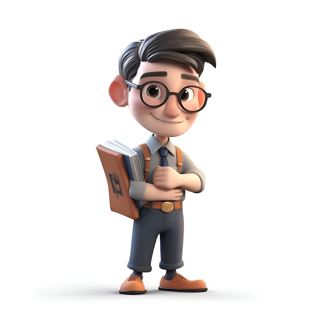 3D illustration of a cartoon character with glasses and a book in his hands