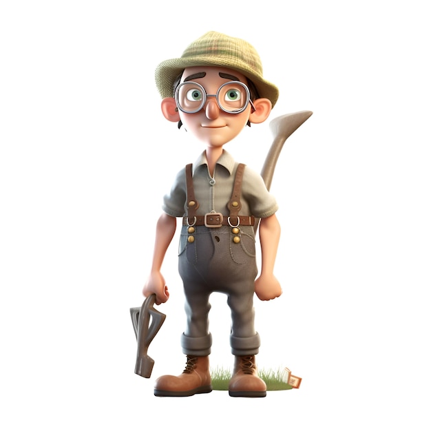 3D illustration of a cartoon character with a hat overalls and boots