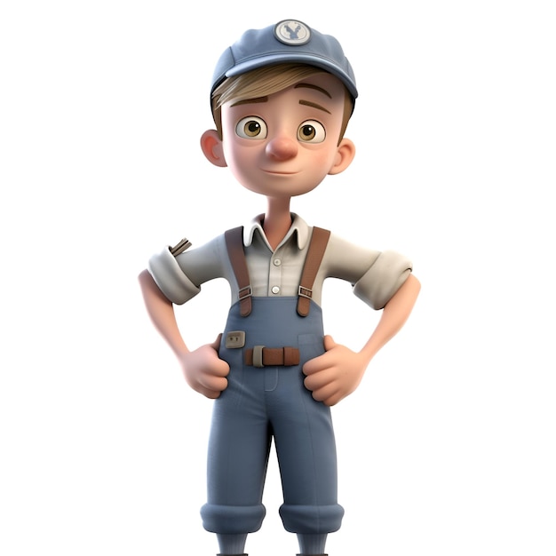 3D illustration of a cartoon character with overalls and work clothes