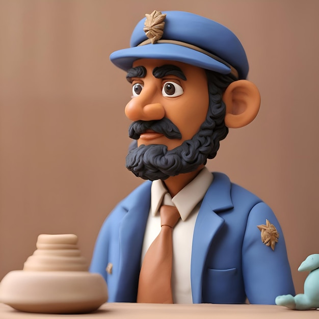 3D illustration of a cartoon character with a police cap and mustache