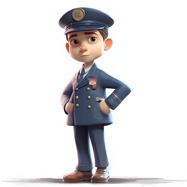 3D illustration of a cartoon character with a police cap and uniform