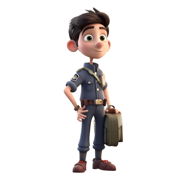 3D illustration of a cartoon character with a police uniform and a suitcase