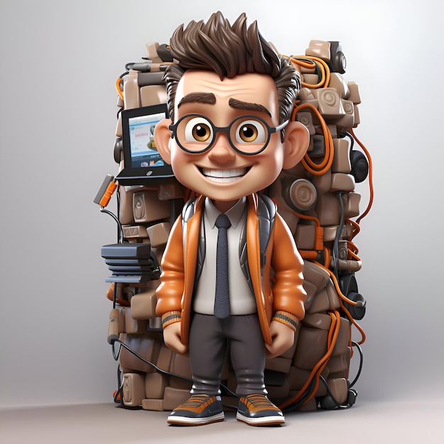 3D illustration of a cartoon character with a robot suit and glasses