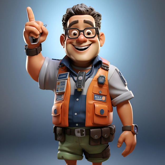 Photo 3d illustration of a cartoon character with safety vest and glasses pointing