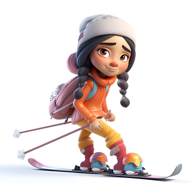 3D illustration of a cartoon character with skis and a backpack
