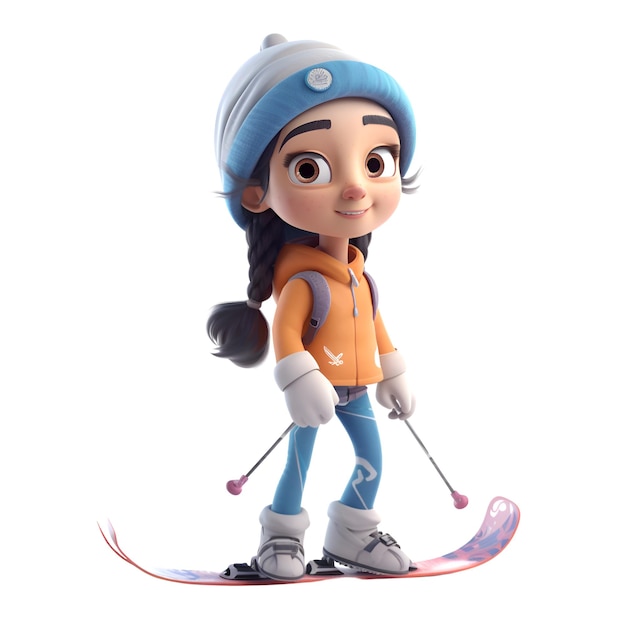 Photo 3d illustration of a cartoon character with skis and a cap