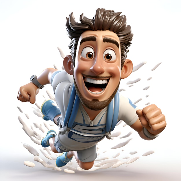 Foto illustrazione 3d di un personaggio dei cartoni animati con costume di supereroe che salta e sorride