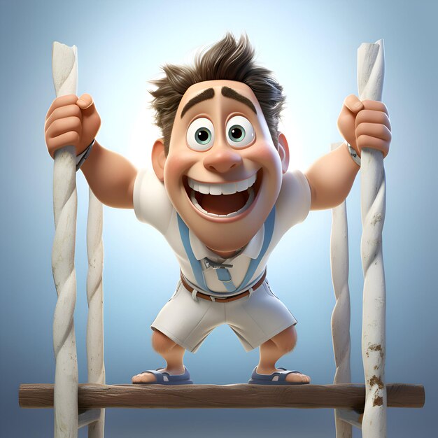 Photo 3d illustration of a cartoon character with a wooden gymnastic equipment