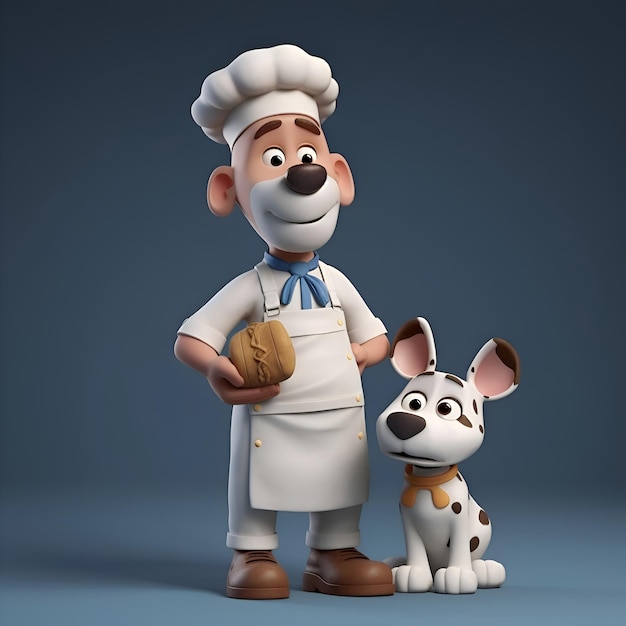 3D illustration of a cartoon chef with a dog in his arms