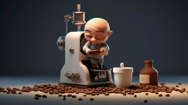 3D illustration of a cartoon chef with a large coffee grinder