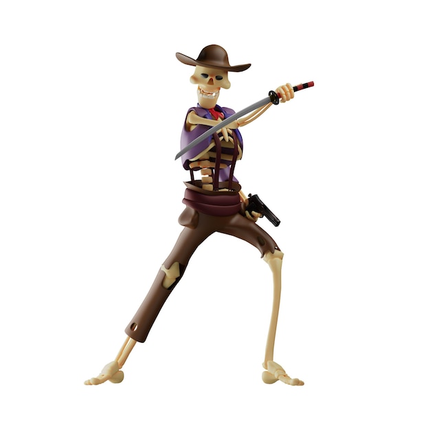 3D illustration Cartoon Cowboy Skull 3D has guns and swords in a strange pose showing an angry