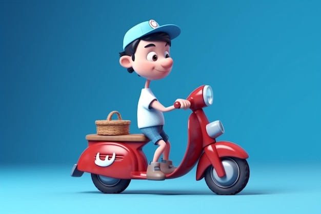 3D Illustration of a Cartoon Delivery Boy Riding a Scooter on blue background generative ai