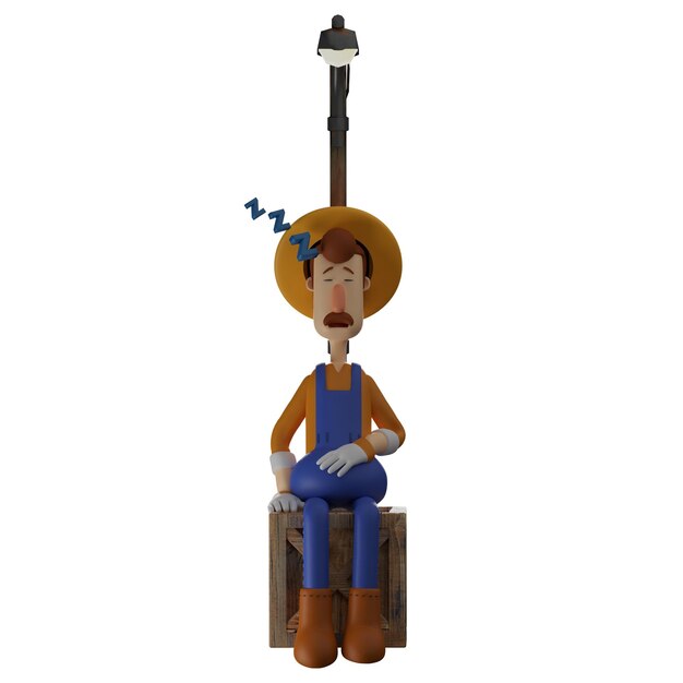 3D illustration Cartoon Farmer 3D is sleeping peacefully by sitting in the big box back of the pi