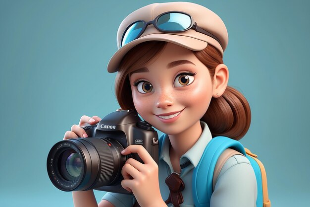 3D Illustration of a Cartoon Female Tourist with a Camera