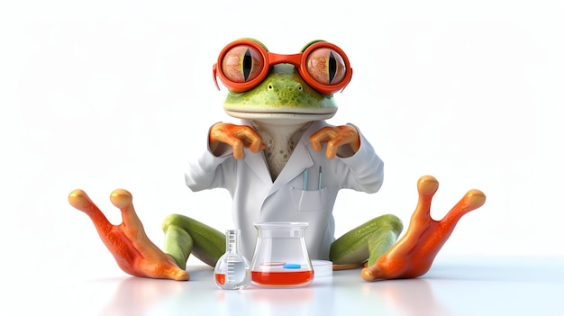 Photo a 3d illustration of a cartoon frog wearing a lab coat and safety goggles sitting on a white surface with a beaker and a test tube