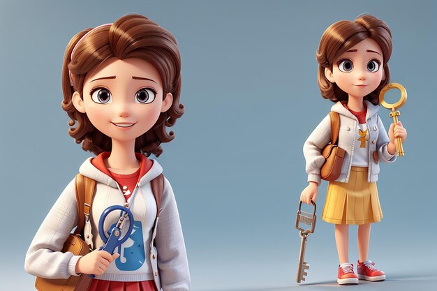 3d illustration cartoon girl 3d character with big key