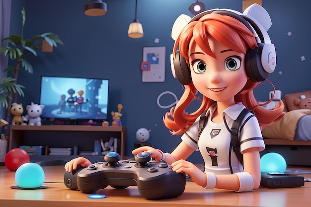 Photo 3d illustration cartoon girl 3d character with gamepad gaming concept