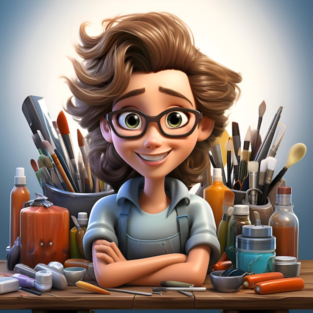 Photo 3d illustration of a cartoon girl artist with brushes and paintbrushes