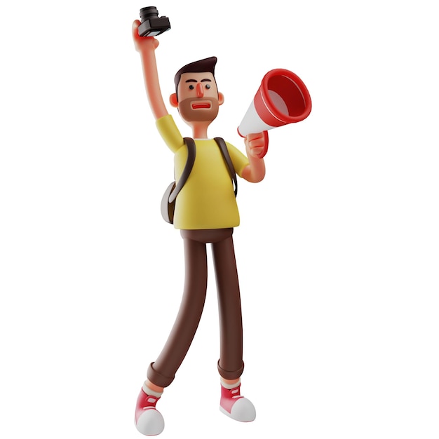 Photo 3d illustration cartoon illustration of a friendly 3d photographer character holding a megaphone