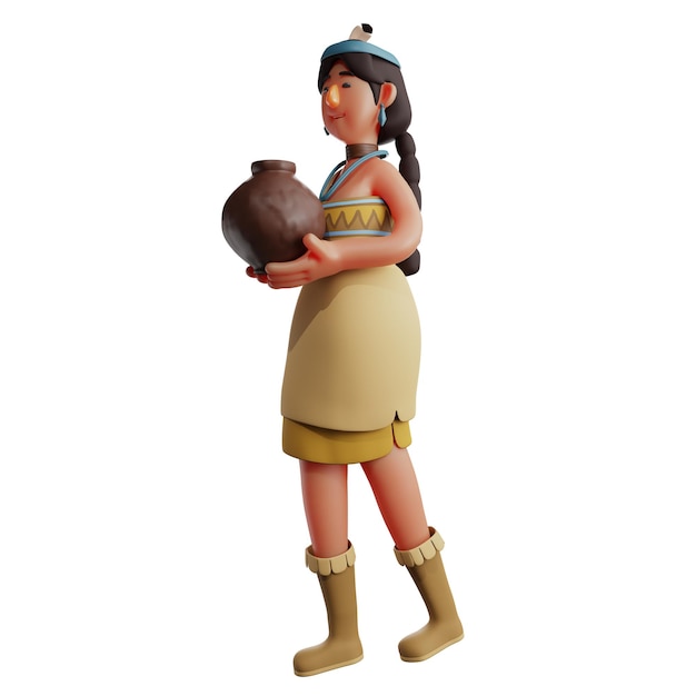 Foto illustrazione 3d illustrazione di cartone animato di ragazza indiana personaggio 3d con brocca cammina elegantemente bellissima