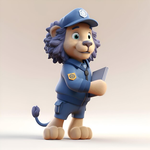 3d illustration of a cartoon lion with a police cap and blue uniform