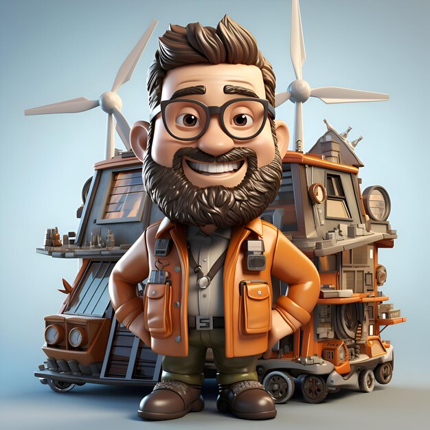 3D illustration of a cartoon lumberjack with a big machine