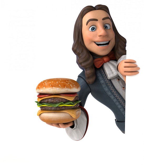 Photo 3d illustration of a cartoon man in historical baroque costume with hamburger