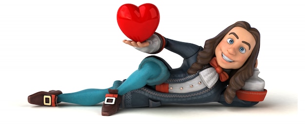 Photo 3d illustration of a cartoon man in historical baroque costume with heart shape