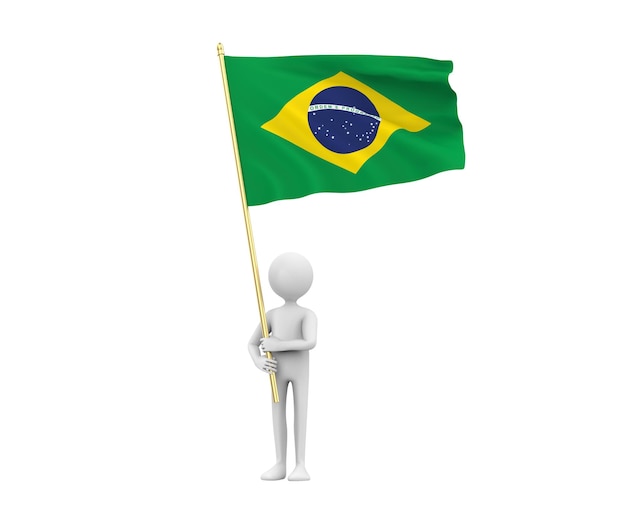 3D Illustration of a cartoon man holding a Flag of Brazil