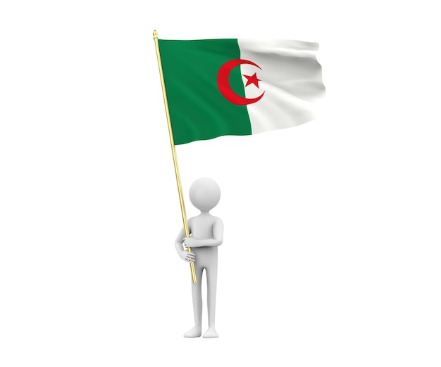 3D Illustration of a cartoon  man holding The national flag of Algeria