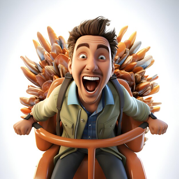 Photo 3d illustration of a cartoon man with a backpack riding a roller coaster