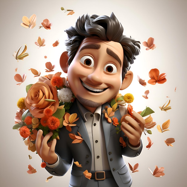 3D illustration of a cartoon man with a bouquet of flowers