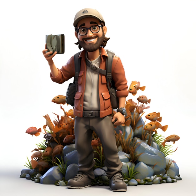 3D illustration of a cartoon man with a camera in his hand