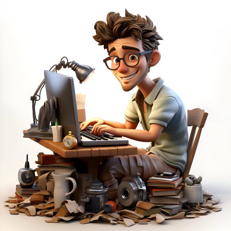 3D illustration of a cartoon man with a computer and various objects