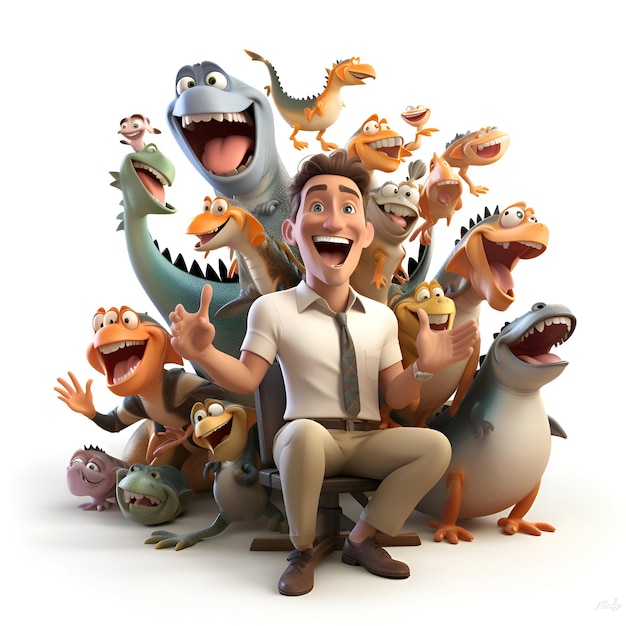 3D illustration of a cartoon man with a lot of funny monsters